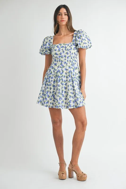 FLORAL PRINT PUFF SLEEVE SQUARE NECK MINI DRESS