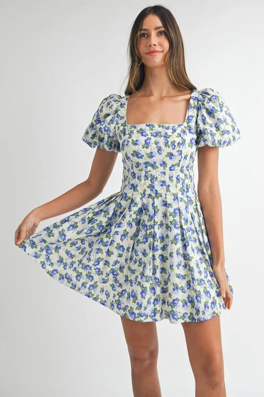 FLORAL PRINT PUFF SLEEVE SQUARE NECK MINI DRESS