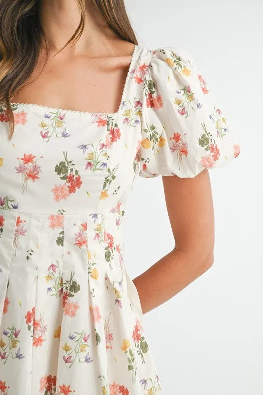 FLORAL PRINT PUFF SLEEVE SQUARE NECK MINI DRESS