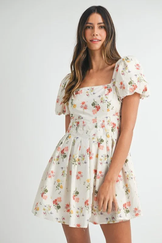 FLORAL PRINT PUFF SLEEVE SQUARE NECK MINI DRESS