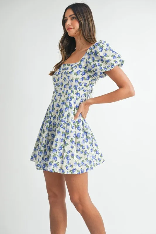 FLORAL PRINT PUFF SLEEVE SQUARE NECK MINI DRESS