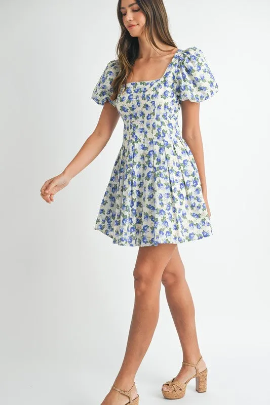 FLORAL PRINT PUFF SLEEVE SQUARE NECK MINI DRESS