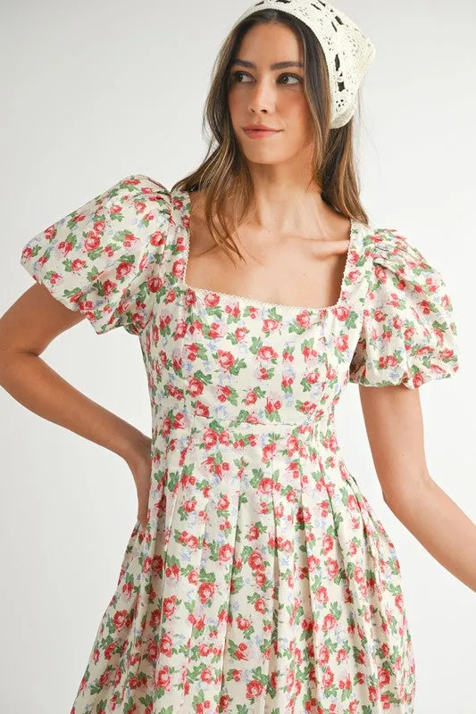 FLORAL PRINT PUFF SLEEVE SQUARE NECK MINI DRESS