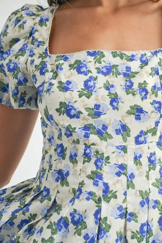 FLORAL PRINT PUFF SLEEVE SQUARE NECK MINI DRESS
