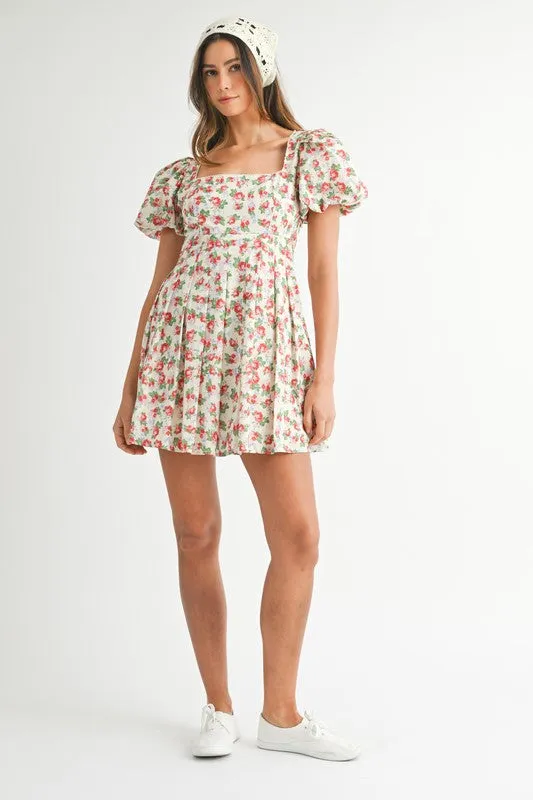 FLORAL PRINT PUFF SLEEVE SQUARE NECK MINI DRESS