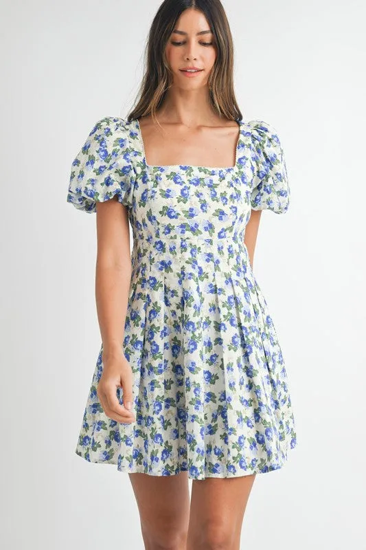 FLORAL PRINT PUFF SLEEVE SQUARE NECK MINI DRESS