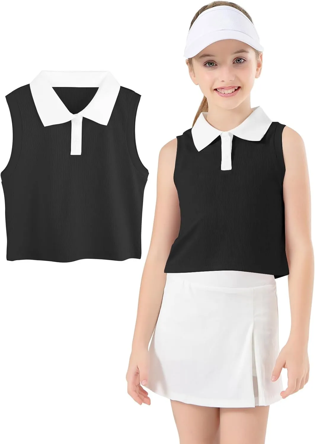 Girls Crop Tops Sleeveless Polo Shirts Athletic Tank Tops Golf Tennis T-Shirts with Collared Quick Dry Casual
