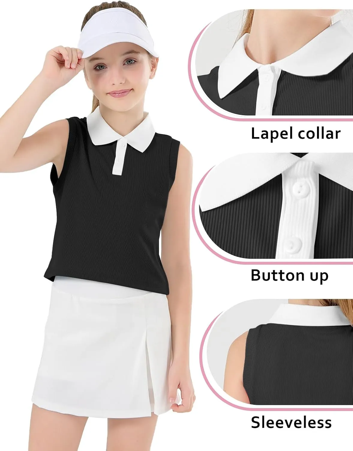 Girls Crop Tops Sleeveless Polo Shirts Athletic Tank Tops Golf Tennis T-Shirts with Collared Quick Dry Casual