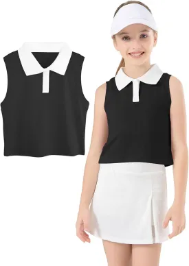 Girls Crop Tops Sleeveless Polo Shirts Athletic Tank Tops Golf Tennis T-Shirts with Collared Quick Dry Casual