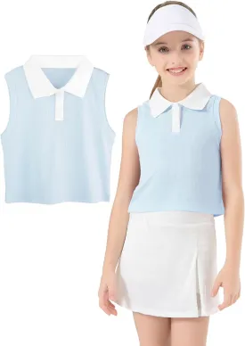 Girls Crop Tops Sleeveless Polo Shirts Athletic Tank Tops Golf Tennis T-Shirts with Collared Quick Dry Casual