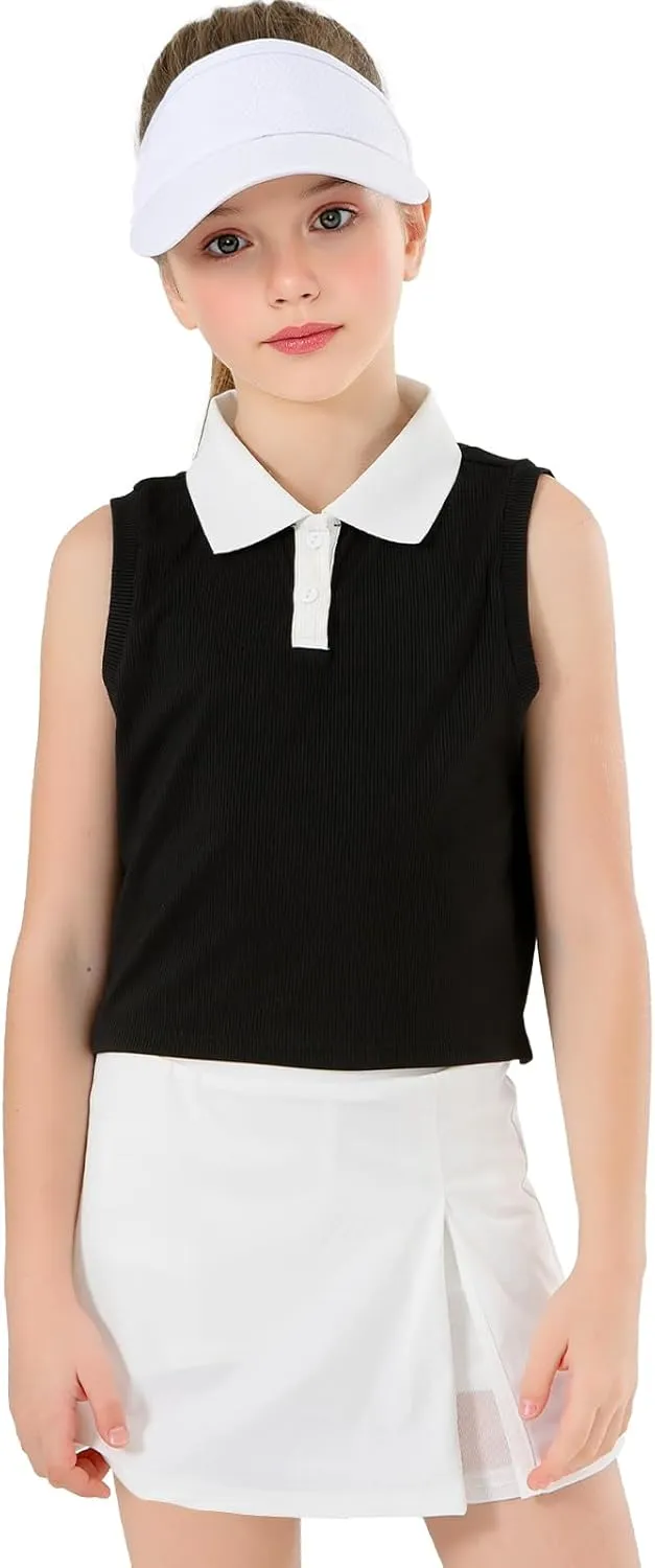 Girls Crop Tops Sleeveless Polo Shirts Athletic Tank Tops Golf Tennis T-Shirts with Collared Quick Dry Casual