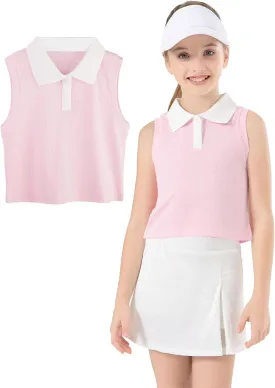 Girls Crop Tops Sleeveless Polo Shirts Athletic Tank Tops Golf Tennis T-Shirts with Collared Quick Dry Casual