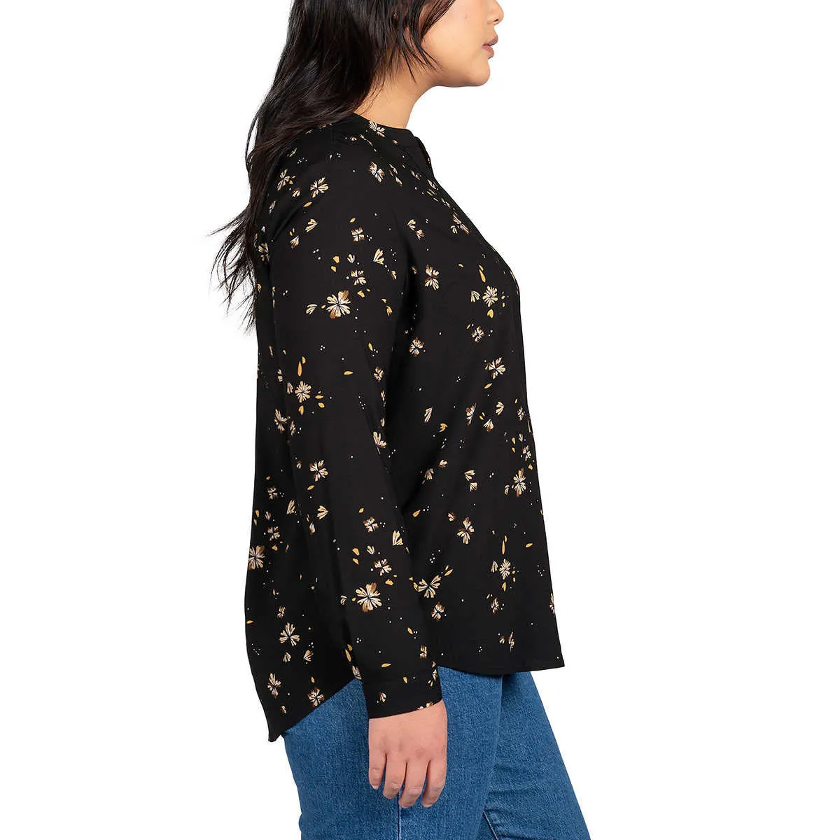 Hilary Radley Women's Floral Print Relaxed Fit Long Sleeve Top Blouse