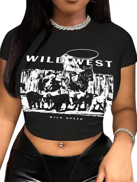 Hilinker Womens Short Sleeve Graphic Crop Tops Vintage Tees Summer Cute T Shirts