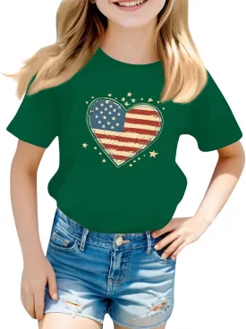 Independence Day 4th of July Shirt for Boys Girls, Kids Preppy Soft Cotton Short Sleeve USA Flag Top for Boys