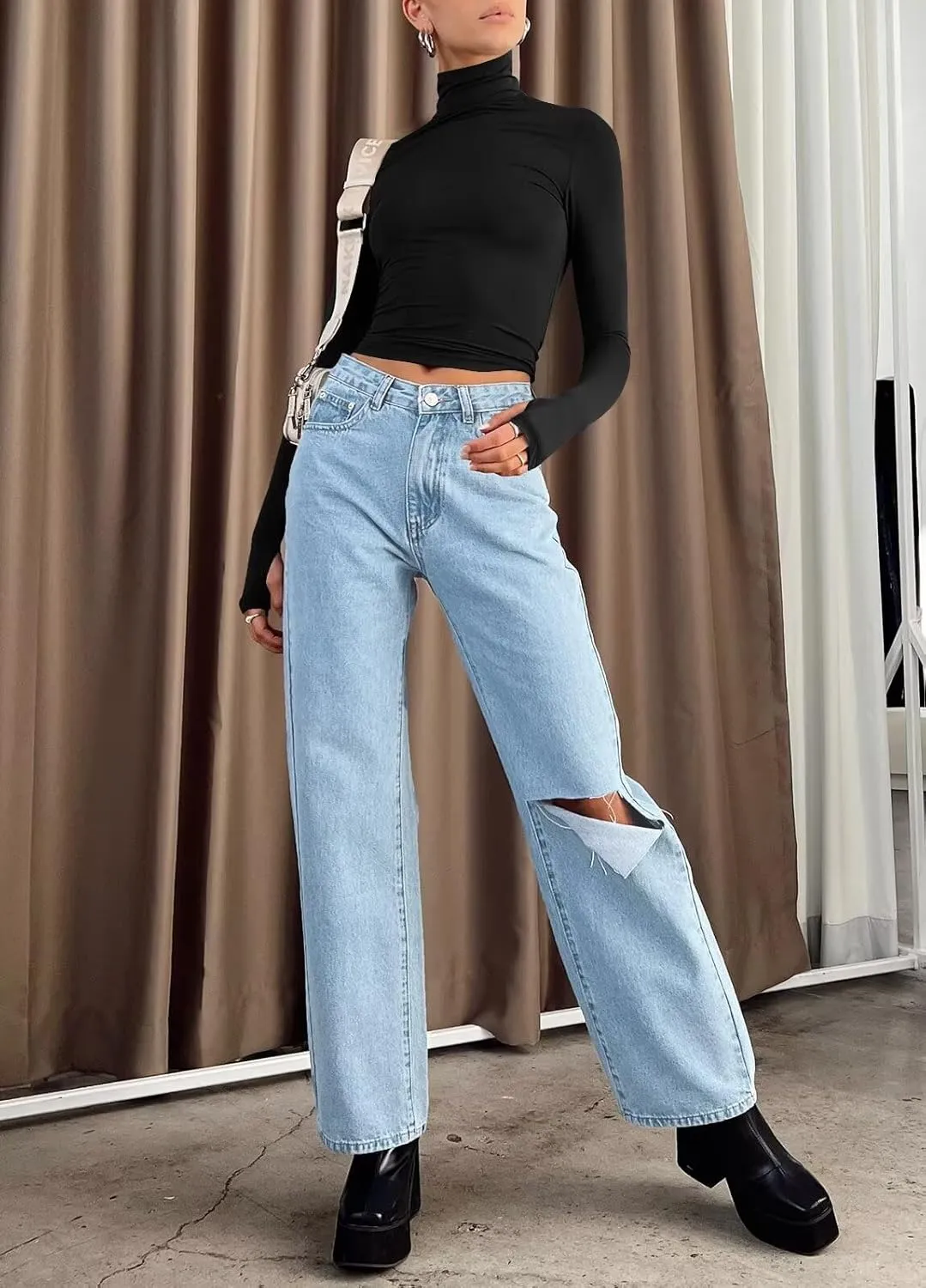 Lacozy Womens Long Sleeve T Shirts Basic Crop Tops Fall Trendy Slim Fitted T Shirts Mock Neck Y2k Tops