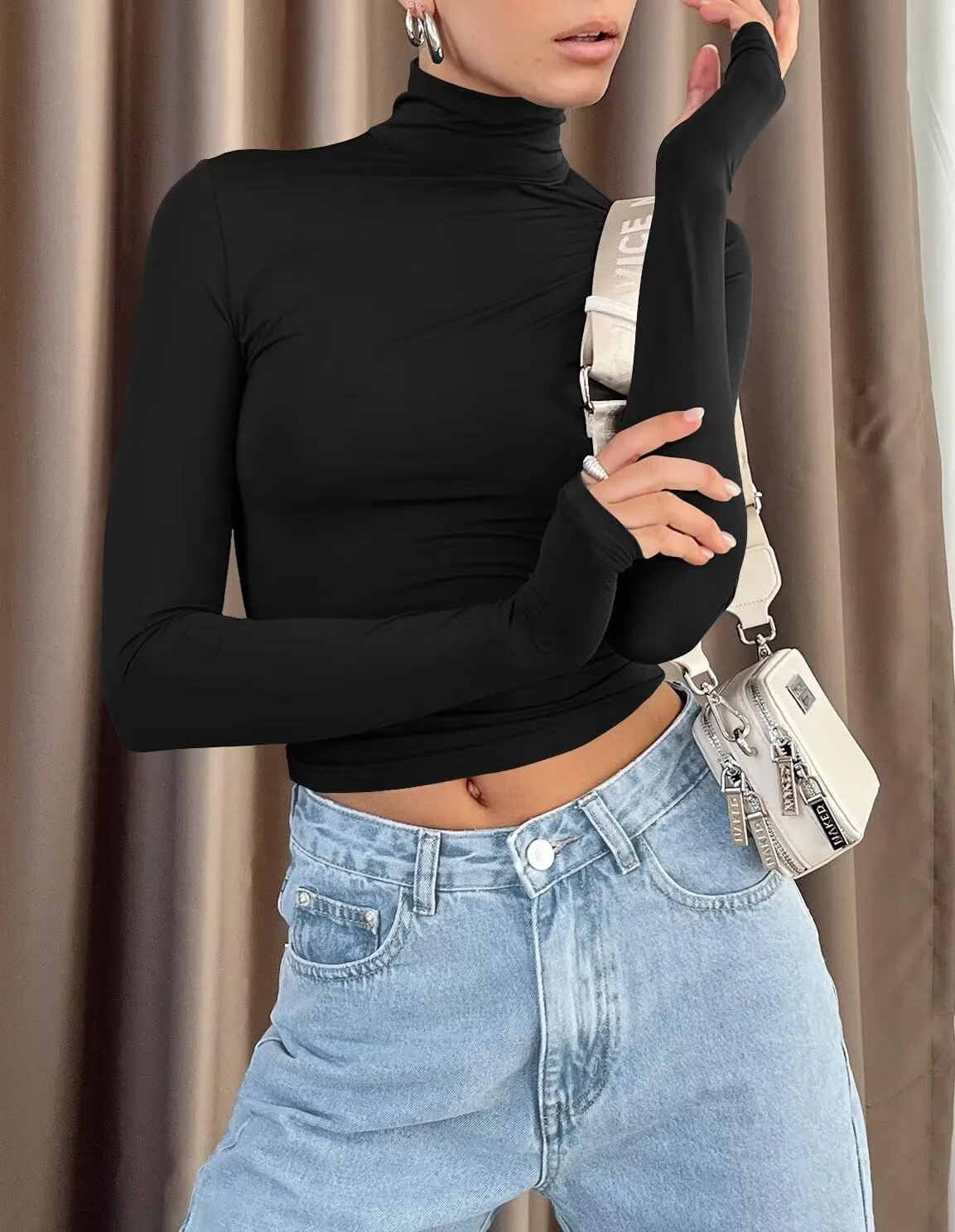 Lacozy Womens Long Sleeve T Shirts Basic Crop Tops Fall Trendy Slim Fitted T Shirts Mock Neck Y2k Tops