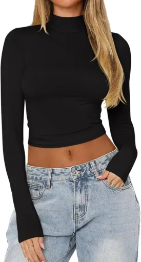 Lacozy Womens Long Sleeve T Shirts Basic Crop Tops Fall Trendy Slim Fitted T Shirts Mock Neck Y2k Tops