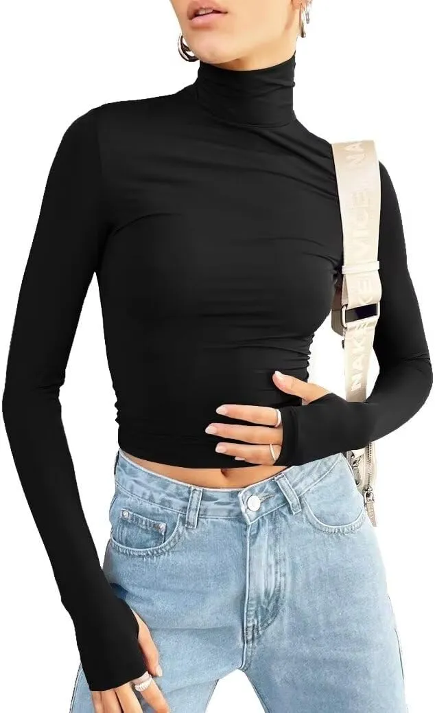 Lacozy Womens Long Sleeve T Shirts Basic Crop Tops Fall Trendy Slim Fitted T Shirts Mock Neck Y2k Tops