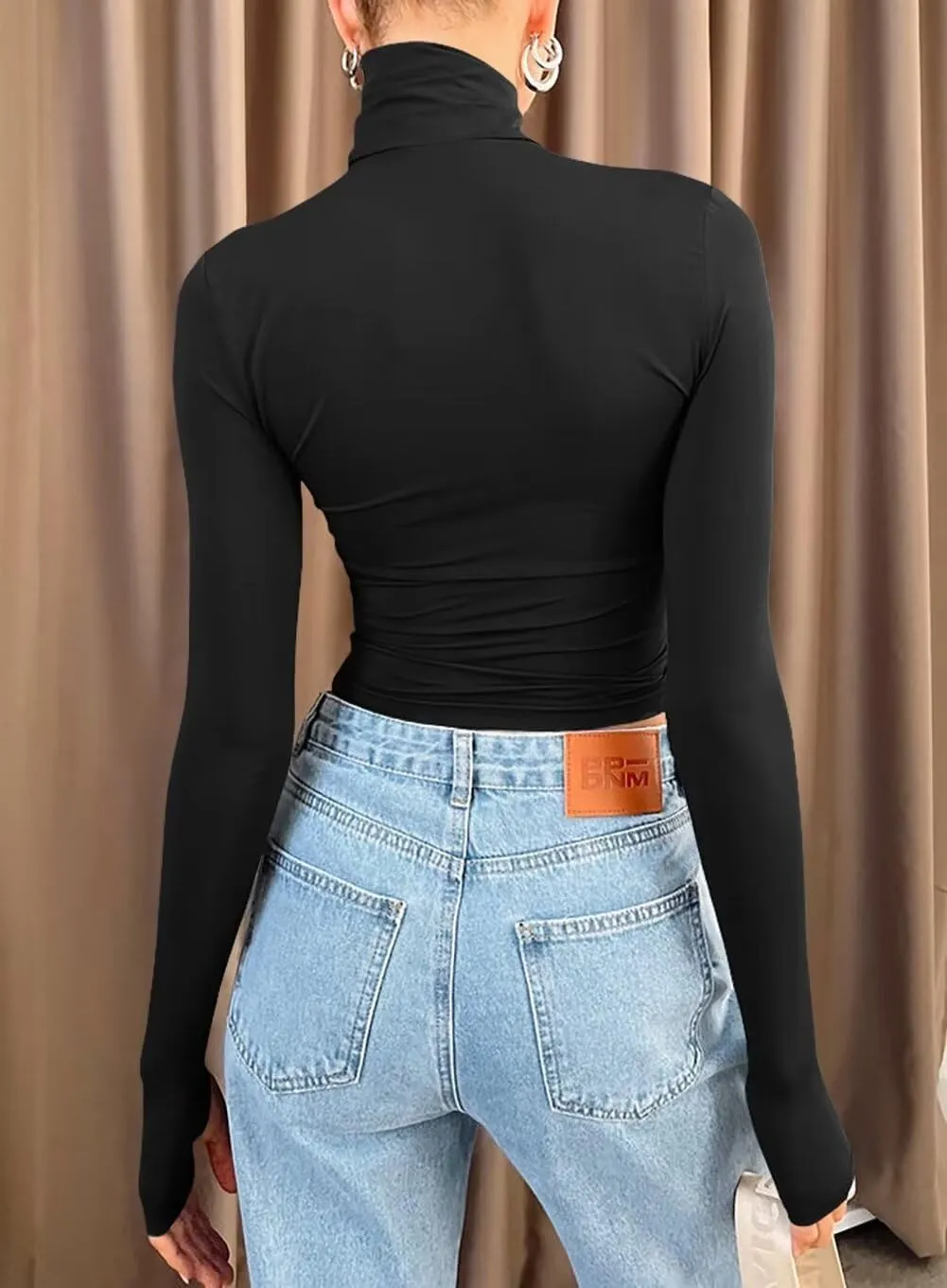 Lacozy Womens Long Sleeve T Shirts Basic Crop Tops Fall Trendy Slim Fitted T Shirts Mock Neck Y2k Tops
