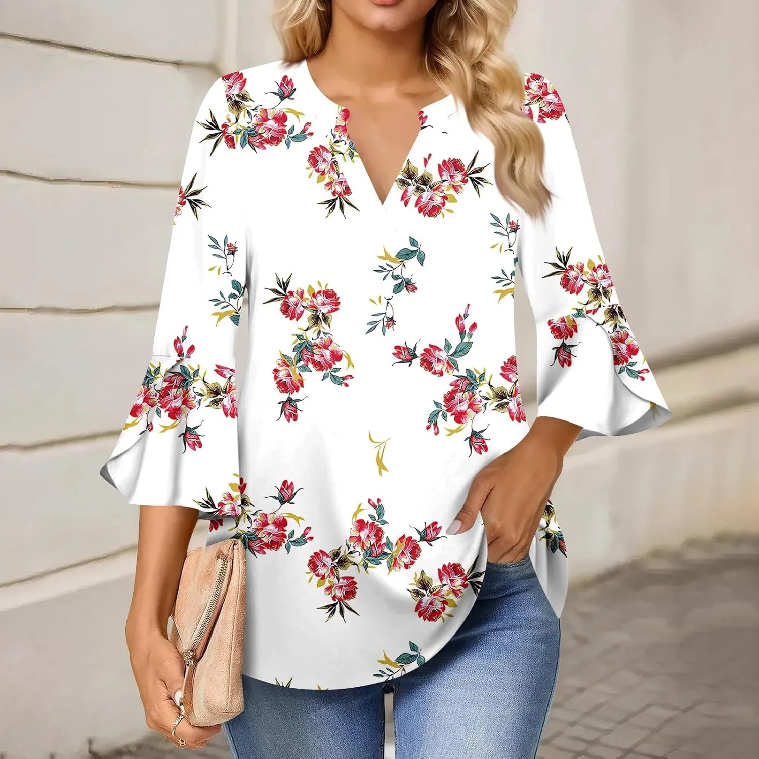 Ladies Comfy Summer 3/4 Bell Sleeve Summer Ruffle Fashion Dressy Floral Print Button Up Vneck Shirts