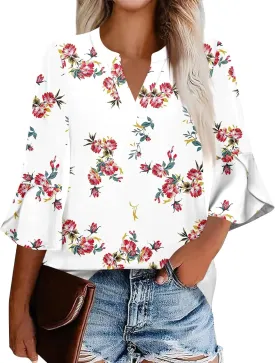 Ladies Comfy Summer 3/4 Bell Sleeve Summer Ruffle Fashion Dressy Floral Print Button Up Vneck Shirts
