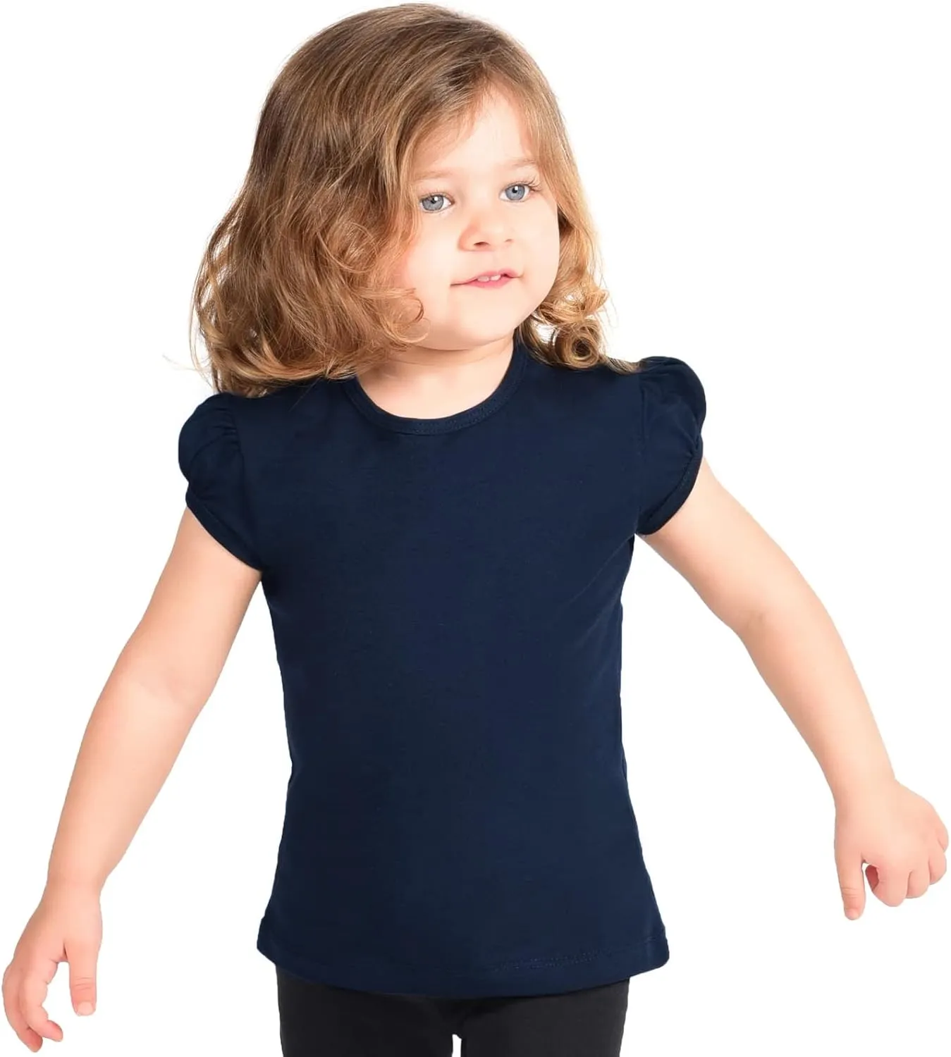 Lilax Girls' Basic Short Puff Sleeve Round Neck Cotton T-Shirt