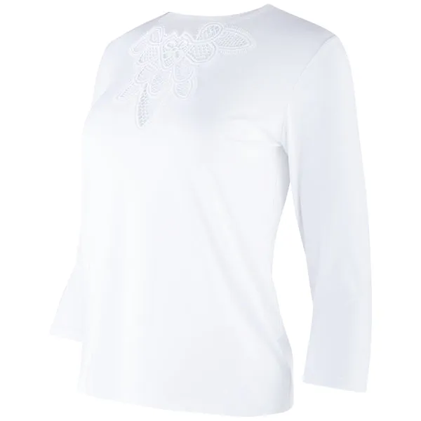 Macrame Lace Insert Tee, 3/4 Sleeve in White