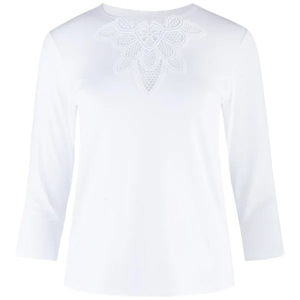 Macrame Lace Insert Tee, 3/4 Sleeve in White