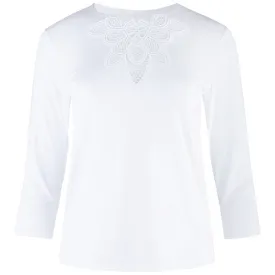 Macrame Lace Insert Tee, 3/4 Sleeve in White