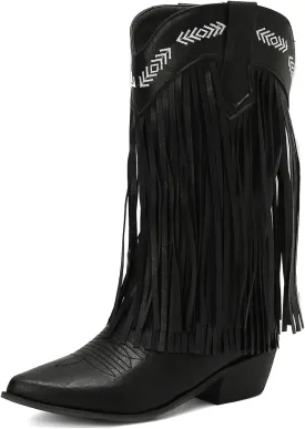 Meefit Women Fringe Cowboy Boots Square Toe Mid Calf Embroidered Western Boots,Tassel Cowgirl Boots Stacked Heel Retro Boots