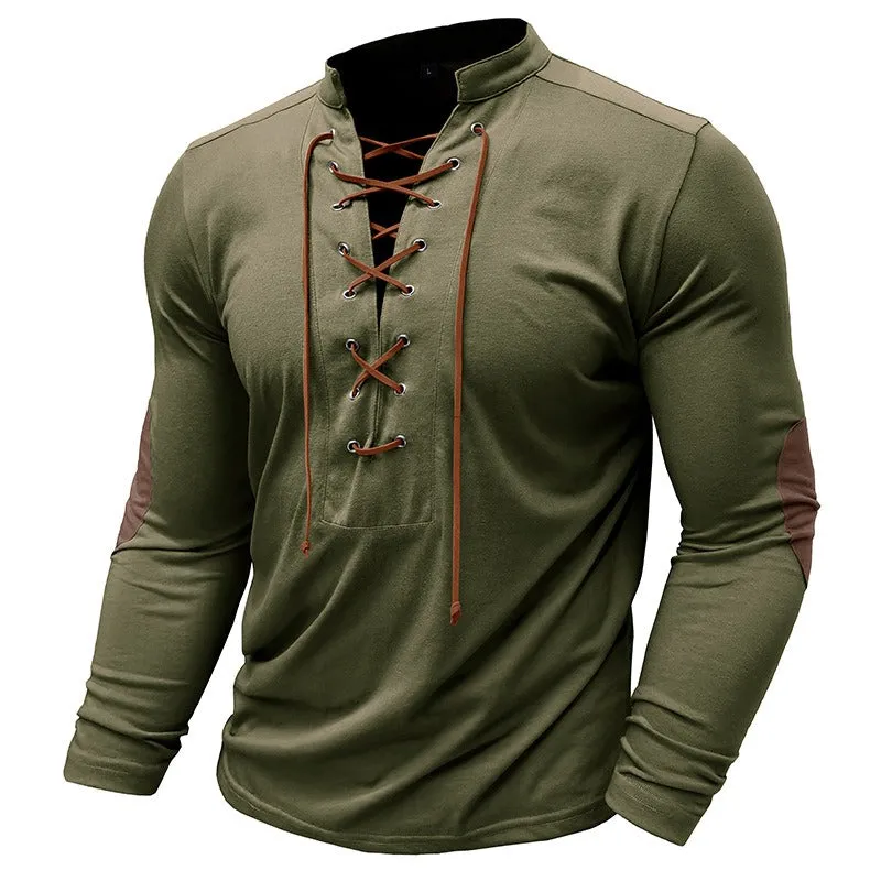 Men's Retro Long-Sleeved T-shirt Open Standing Collar Base Unhooded Shirt | 2379