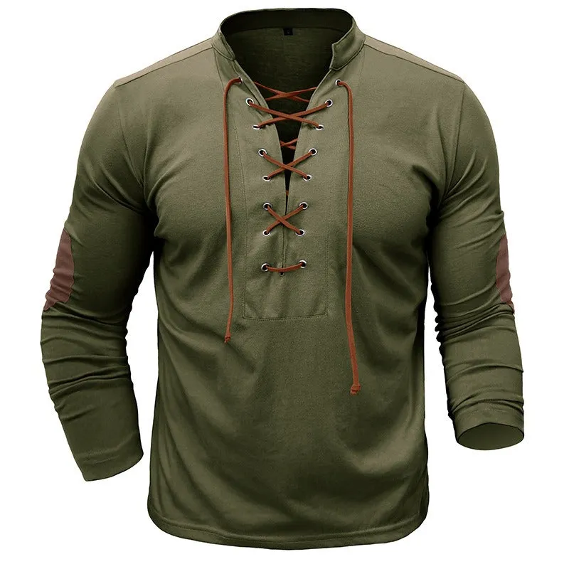 Men's Retro Long-Sleeved T-shirt Open Standing Collar Base Unhooded Shirt | 2379