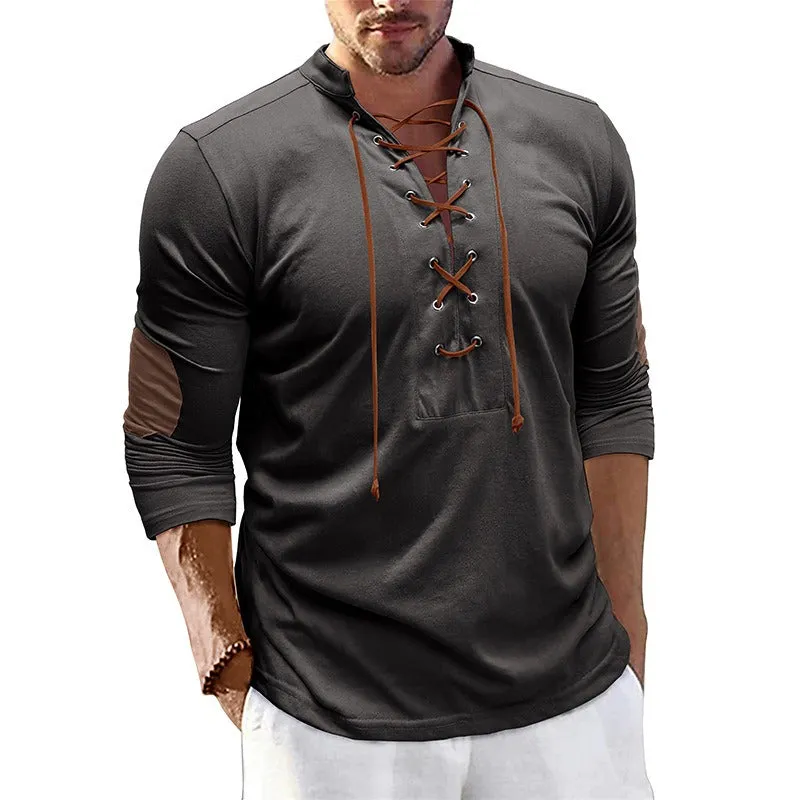 Men's Retro Long-Sleeved T-shirt Open Standing Collar Base Unhooded Shirt | 2379