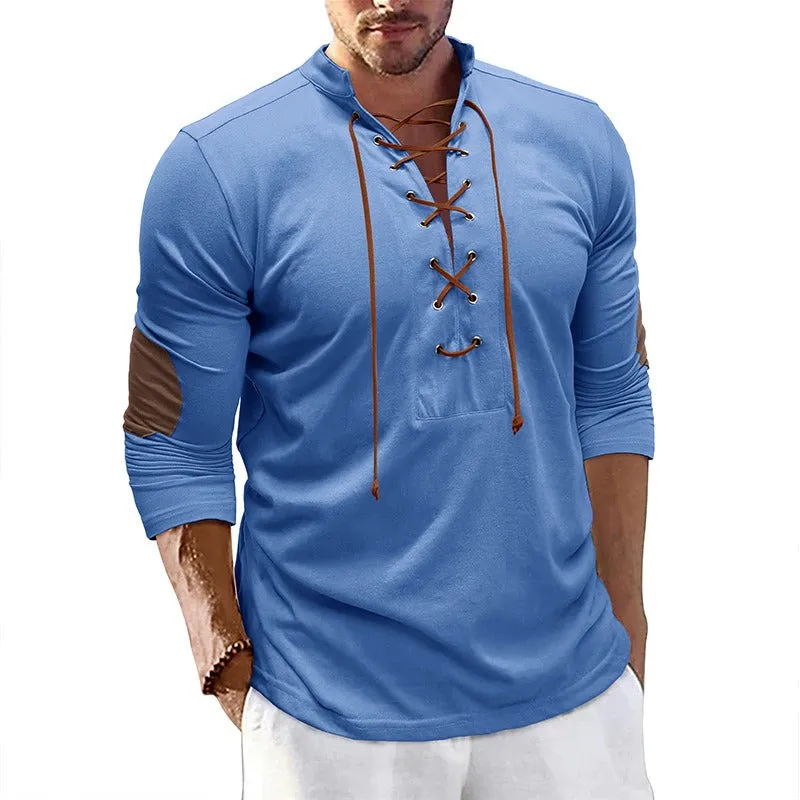 Men's Retro Long-Sleeved T-shirt Open Standing Collar Base Unhooded Shirt | 2379