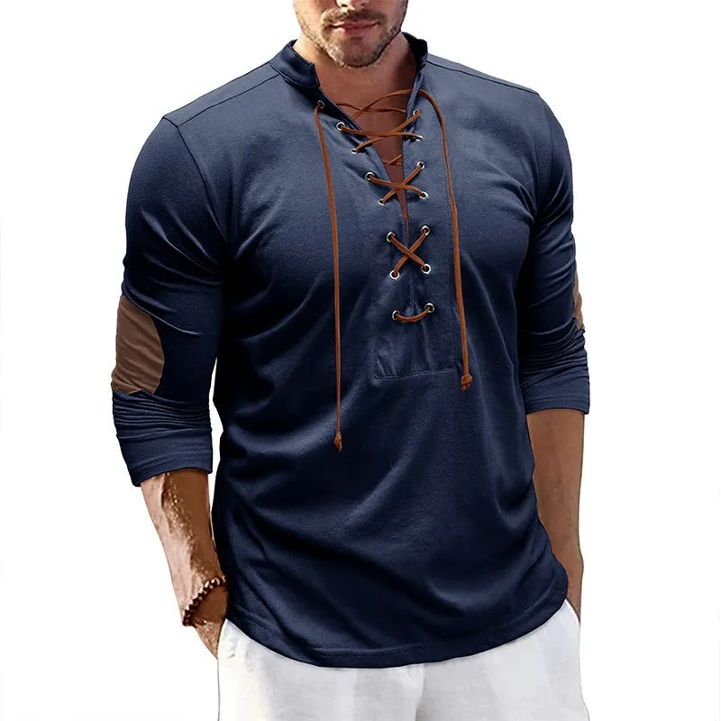 Men's Retro Long-Sleeved T-shirt Open Standing Collar Base Unhooded Shirt | 2379