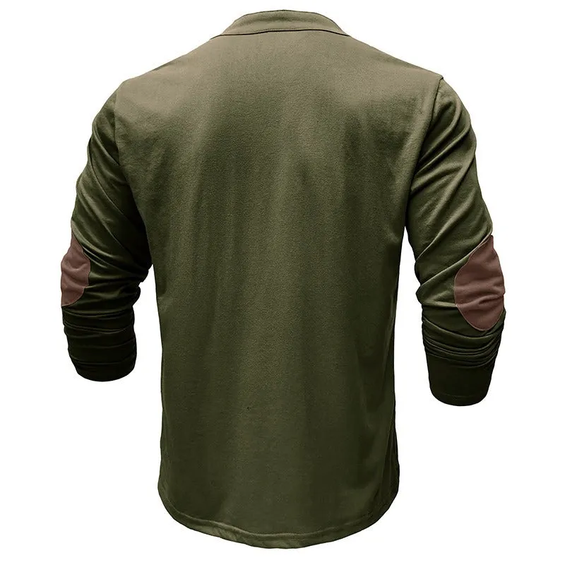 Men's Retro Long-Sleeved T-shirt Open Standing Collar Base Unhooded Shirt | 2379
