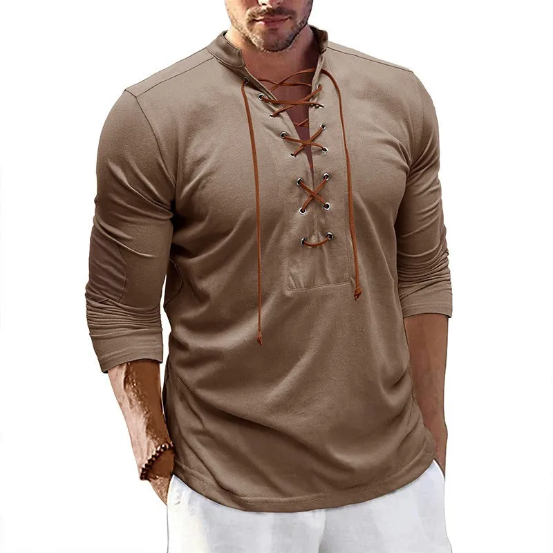 Men's Retro Long-Sleeved T-shirt Open Standing Collar Base Unhooded Shirt | 2379