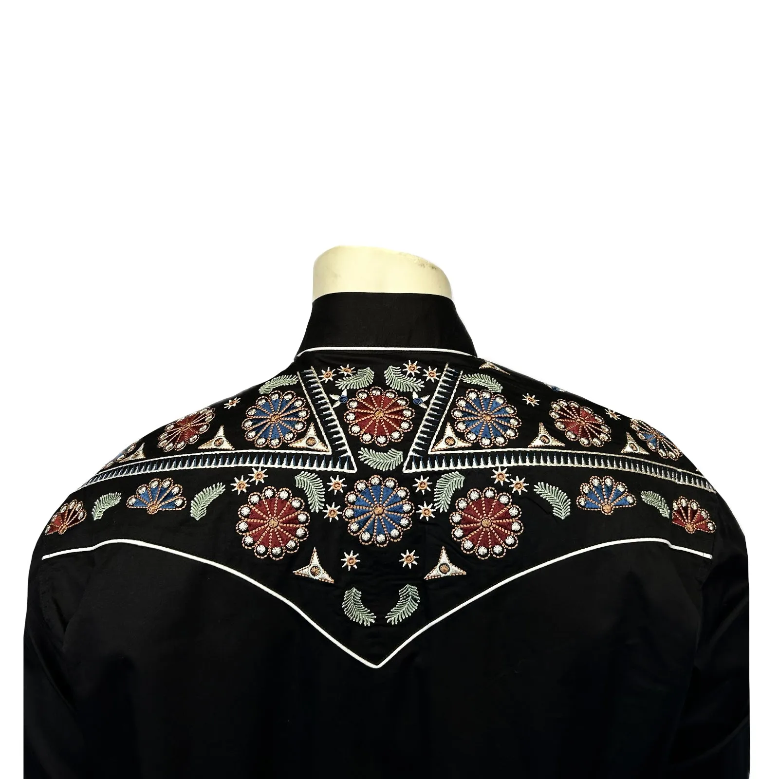 Men's Vintage Black Floral & Stars Embroidery Western Shirt