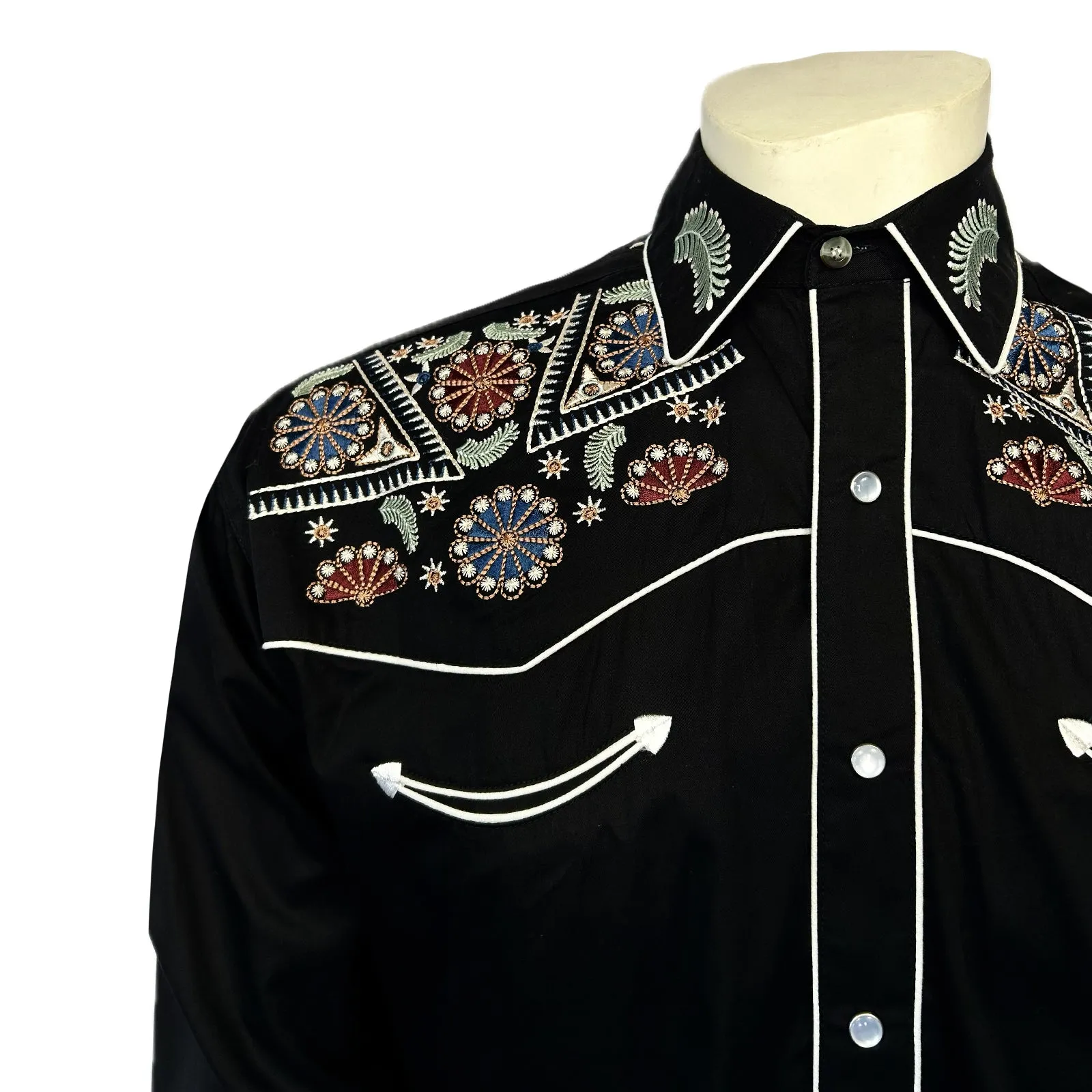 Men's Vintage Black Floral & Stars Embroidery Western Shirt