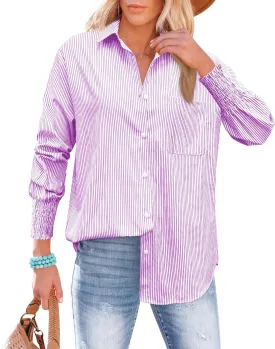 OMSJ Womens Striped Button Down Shirts Smocked Cuffed Sleeve Stylish Collared Office Work Blouses with Pocket