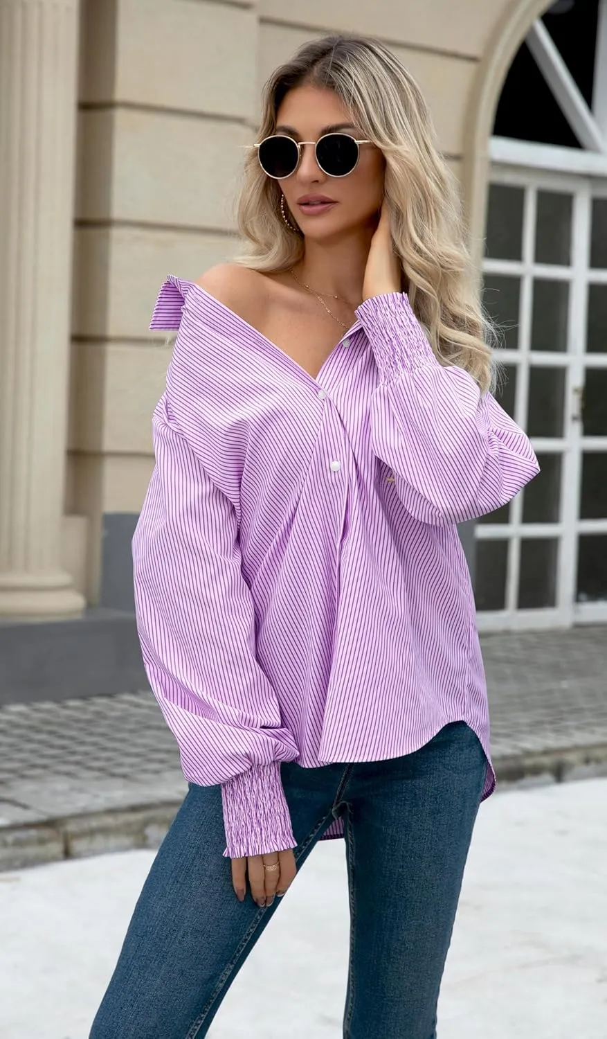 OMSJ Womens Striped Button Down Shirts Smocked Cuffed Sleeve Stylish Collared Office Work Blouses with Pocket