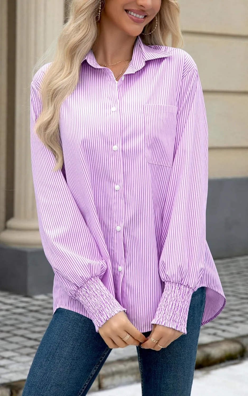 OMSJ Womens Striped Button Down Shirts Smocked Cuffed Sleeve Stylish Collared Office Work Blouses with Pocket