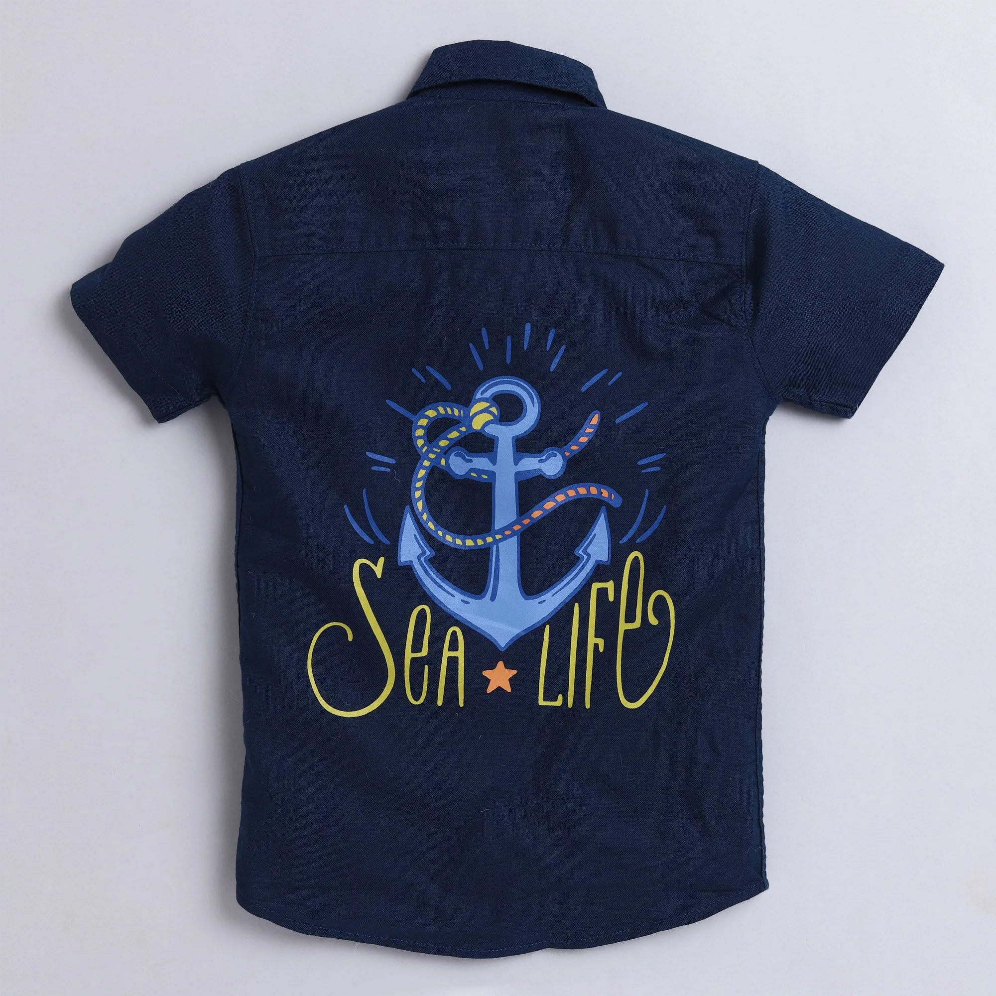 Polka Tots Full Half Sleeve Shirt 2 Pockets Boat Patch - Navy Blue