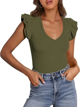PRETTYGARDEN Womens V Neck Summer Tops Ruffle Sleeveless Slim Fit T Shirts Going Out Casual Blouses 2025