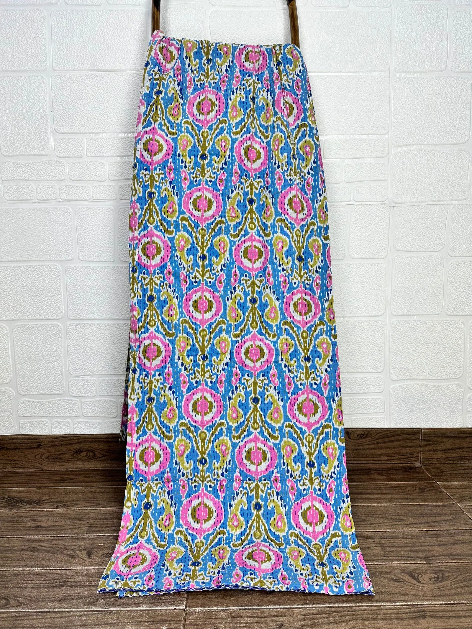 Pure Cotton Kantha Stitch Throw | Indian Hand Block Quilted King Size Bedspread/Sofa Cover Home Decor | Floral Reversible Print Blue Pink
