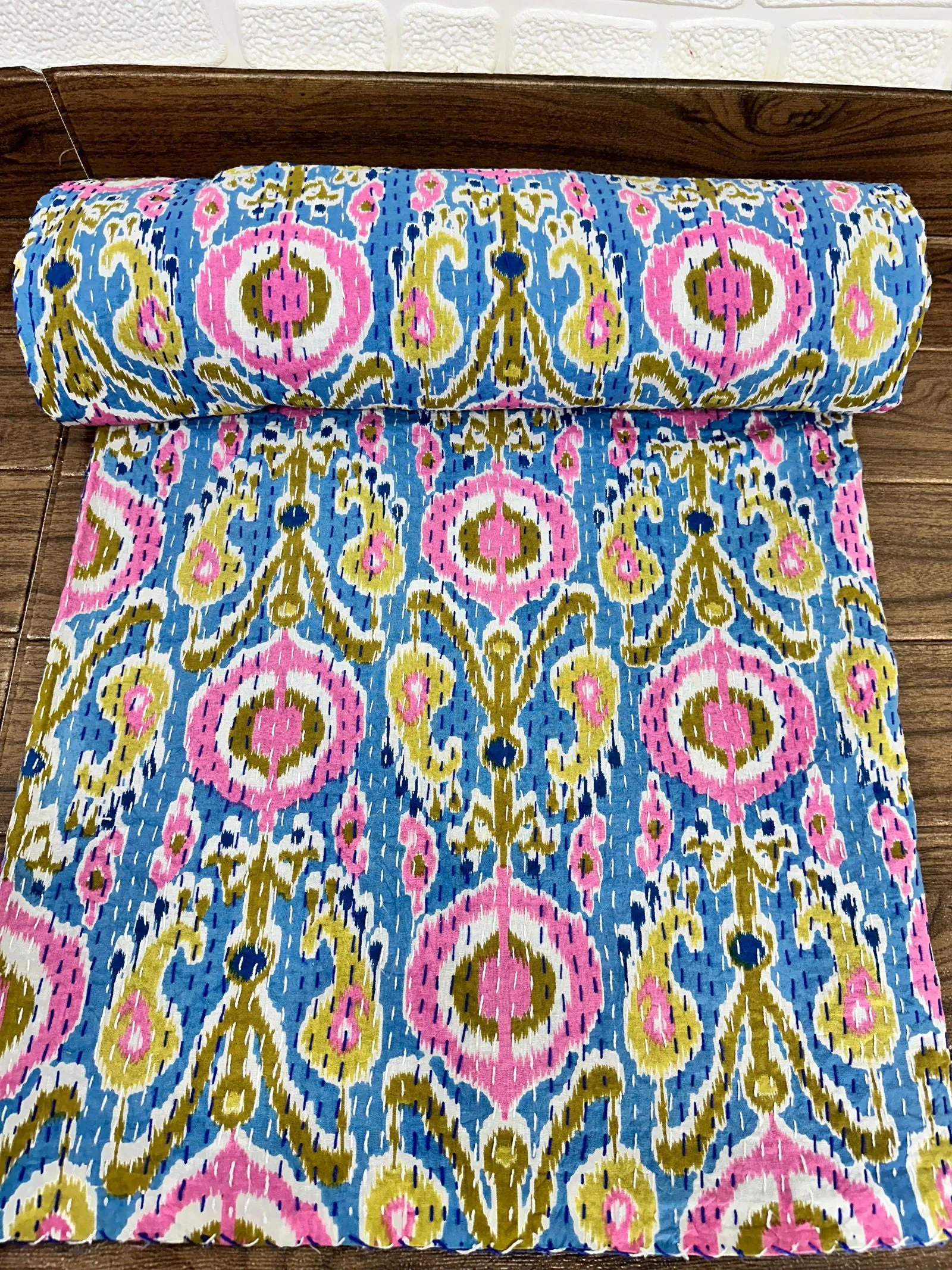 Pure Cotton Kantha Stitch Throw | Indian Hand Block Quilted King Size Bedspread/Sofa Cover Home Decor | Floral Reversible Print Blue Pink