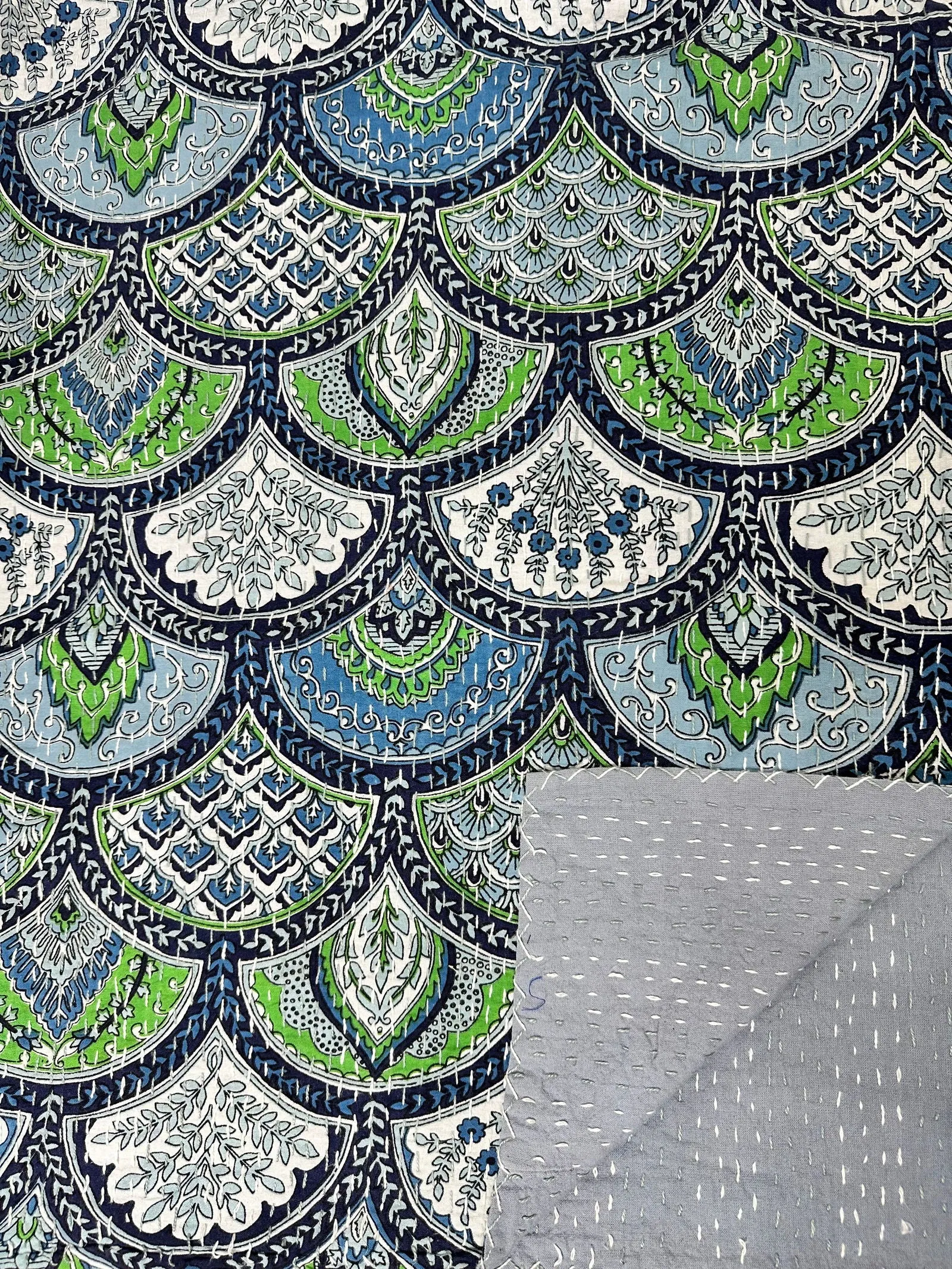 Pure Cotton Kantha Stitch Throw | Indian Hand Block Quilted King Size Bedspread/Sofa Cover Home Decor | Mandal Reversible Print Blue Green