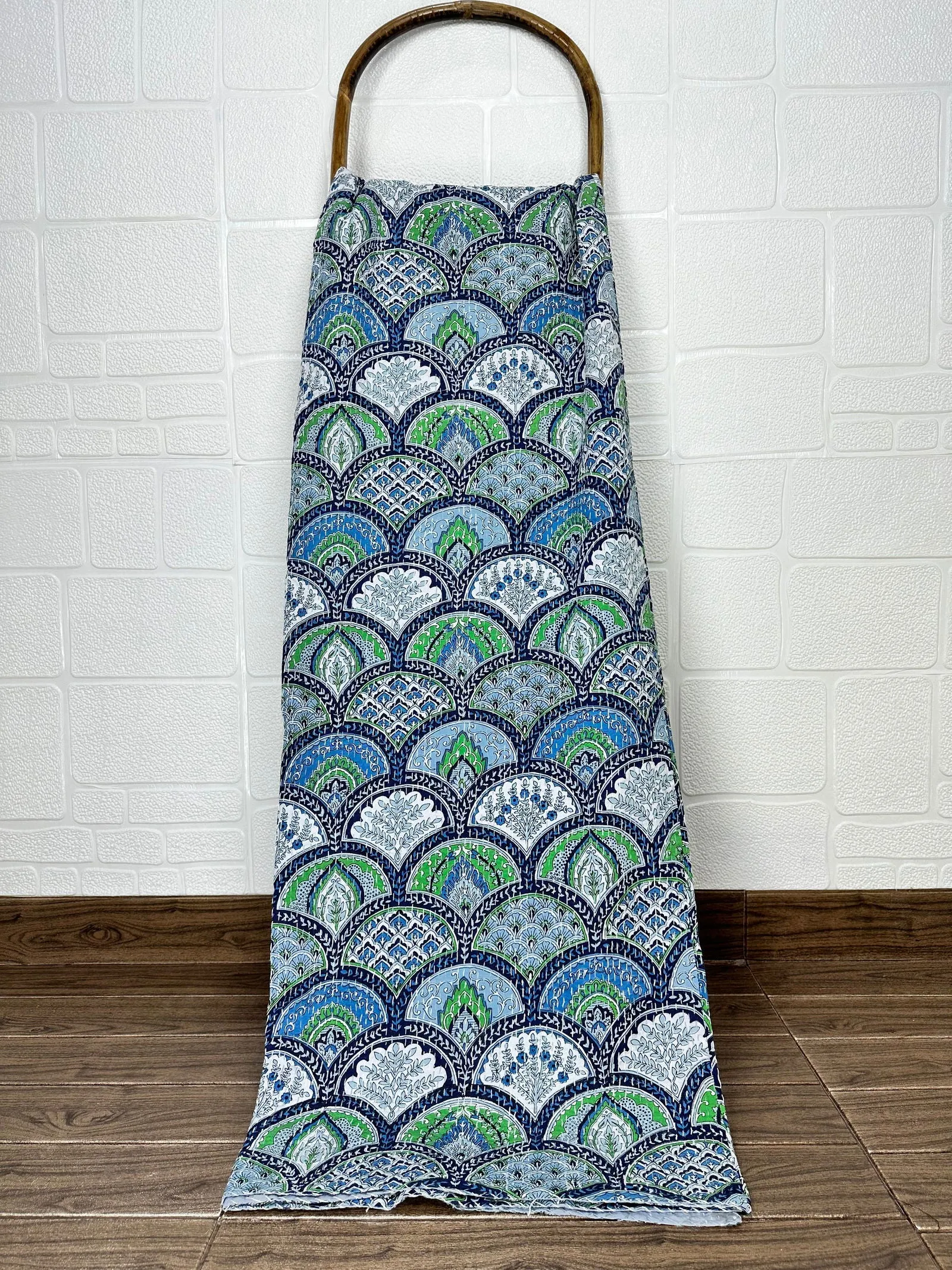 Pure Cotton Kantha Stitch Throw | Indian Hand Block Quilted King Size Bedspread/Sofa Cover Home Decor | Mandal Reversible Print Blue Green