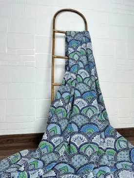 Pure Cotton Kantha Stitch Throw | Indian Hand Block Quilted King Size Bedspread/Sofa Cover Home Decor | Mandal Reversible Print Blue Green